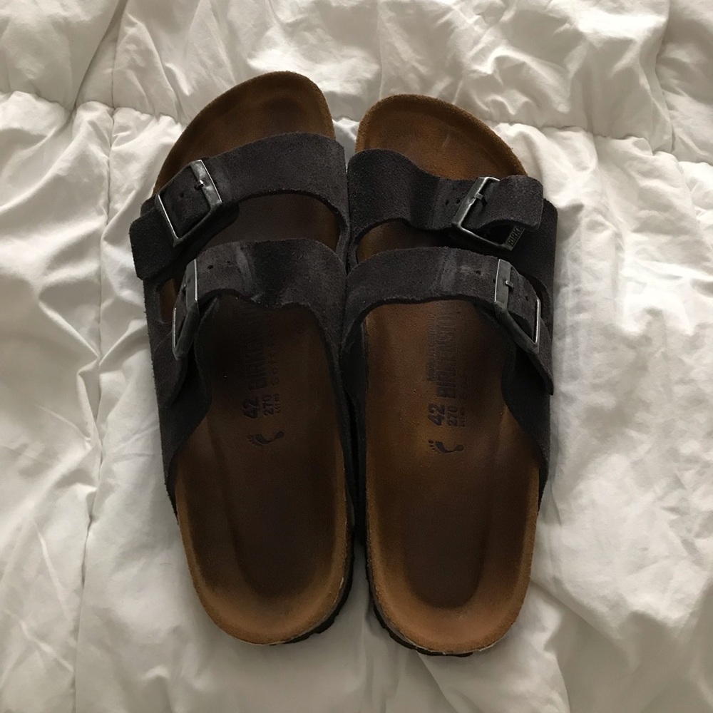 Birkenstock black suede double strap sandals.